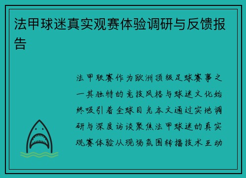 法甲球迷真实观赛体验调研与反馈报告